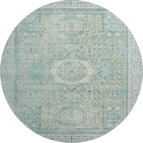 8' Turquoise And Beige Oriental Washable Round Rug With UV Protection