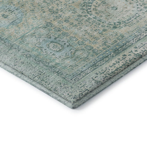 8' Turquoise And Beige Oriental Washable Round Rug With UV Protection