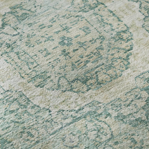 8' Turquoise And Beige Oriental Washable Round Rug With UV Protection