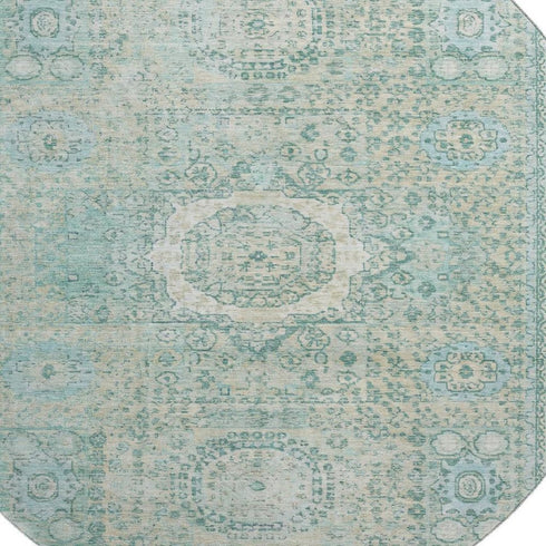 8' Turquoise And Beige Oriental Washable Round Rug With UV Protection