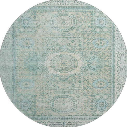 8' Turquoise And Beige Oriental Washable Round Rug With UV Protection