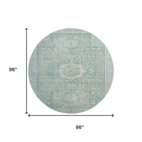 8' Turquoise And Beige Oriental Washable Round Rug With UV Protection