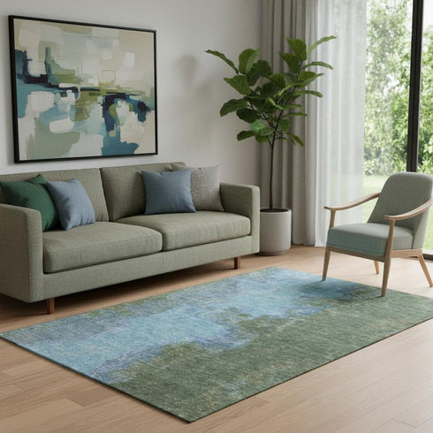 5' X 8' Green And Blue Abstract Washable Area Rug With UV Protection
