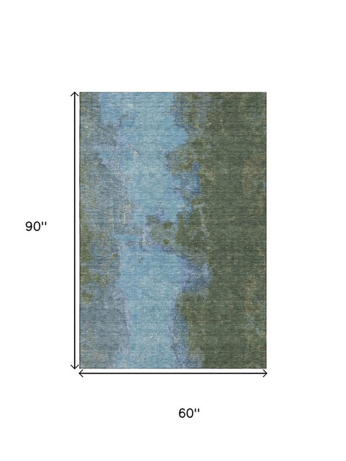 5' X 8' Green And Blue Abstract Washable Area Rug With UV Protection