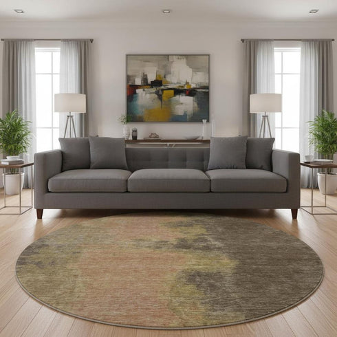8' Chocolate And Copper Abstract Washable Round Rug With UV Protection