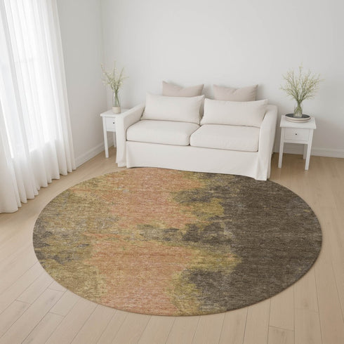 8' Chocolate And Copper Abstract Washable Round Rug With UV Protection