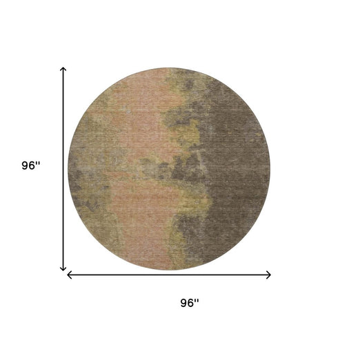 8' Chocolate And Copper Abstract Washable Round Rug With UV Protection
