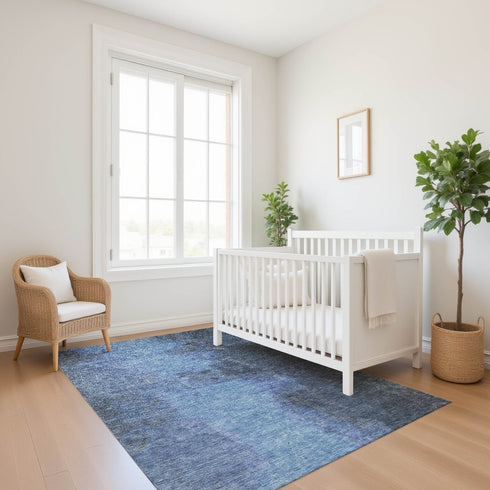 9' X 12' Navy Blue And Gray Abstract Washable Area Rug With UV Protection