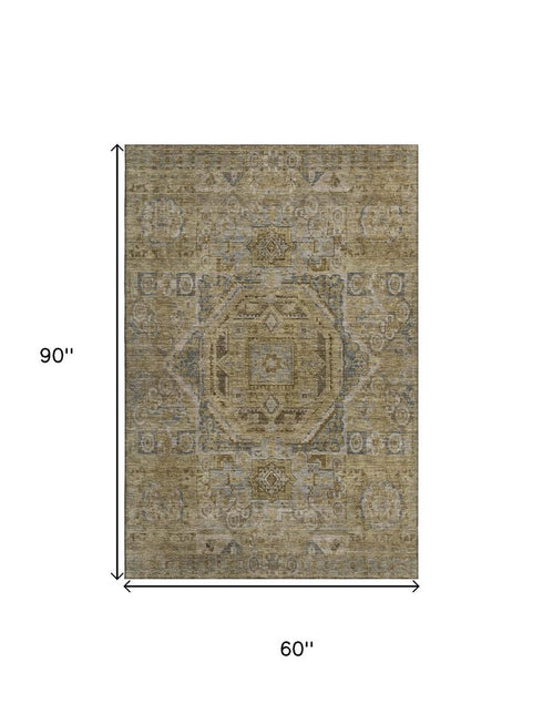 5' X 8' Brown And Blue Oriental Washable Area Rug With UV Protection