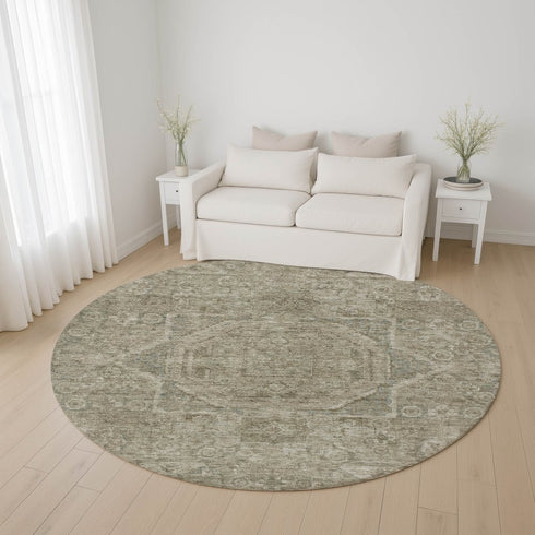 8' Gray And Silver Oriental Washable Round Rug With UV Protection
