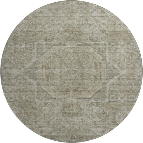 8' Gray And Silver Oriental Washable Round Rug With UV Protection
