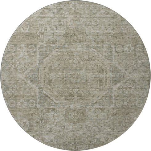 8' Gray And Silver Oriental Washable Round Rug With UV Protection