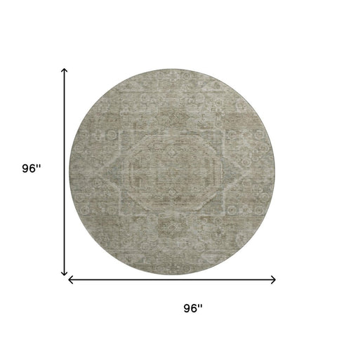 8' Gray And Silver Oriental Washable Round Rug With UV Protection