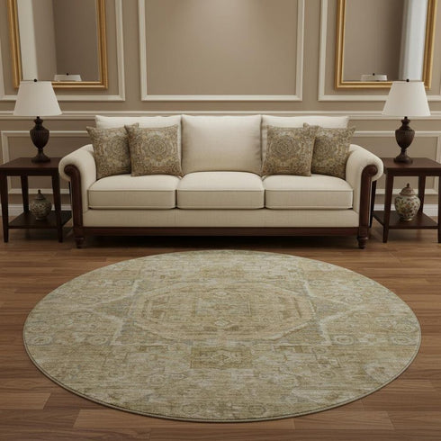8' Tan And Beige Oriental Washable Round Rug With UV Protection