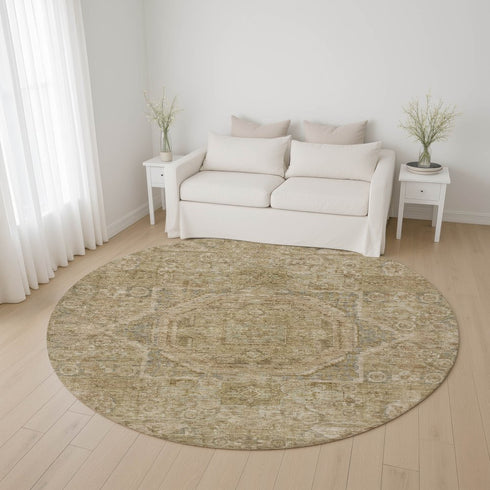 8' Tan And Beige Oriental Washable Round Rug With UV Protection