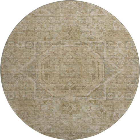 8' Tan And Beige Oriental Washable Round Rug With UV Protection