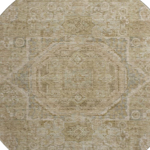 8' Tan And Beige Oriental Washable Round Rug With UV Protection