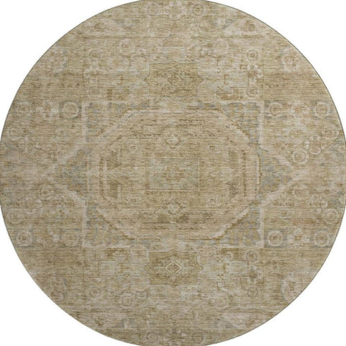 8' Tan And Beige Oriental Washable Round Rug With UV Protection