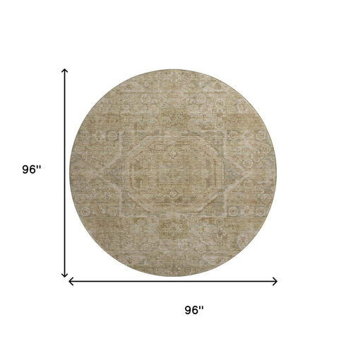 8' Tan And Beige Oriental Washable Round Rug With UV Protection
