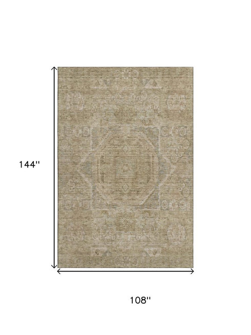 9' X 12' Tan And Beige Oriental Washable Area Rug With UV Protection