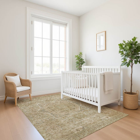 9' X 12' Tan And Beige Oriental Washable Area Rug With UV Protection