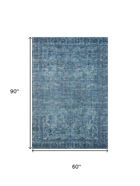 5' X 8' Blue And Navy Blue Oriental Washable Area Rug With UV Protection
