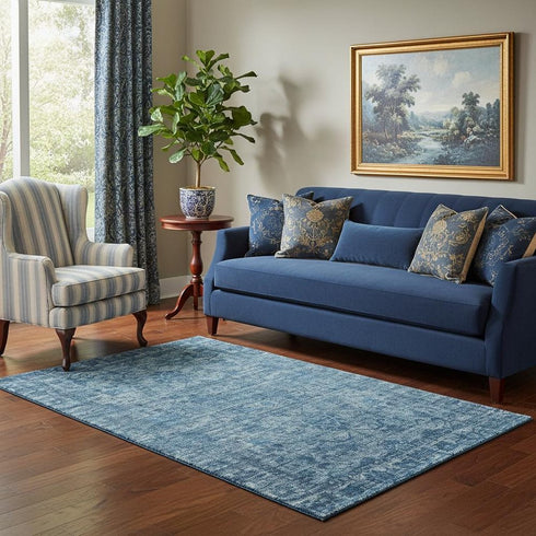 5' X 8' Blue And Navy Blue Oriental Washable Area Rug With UV Protection