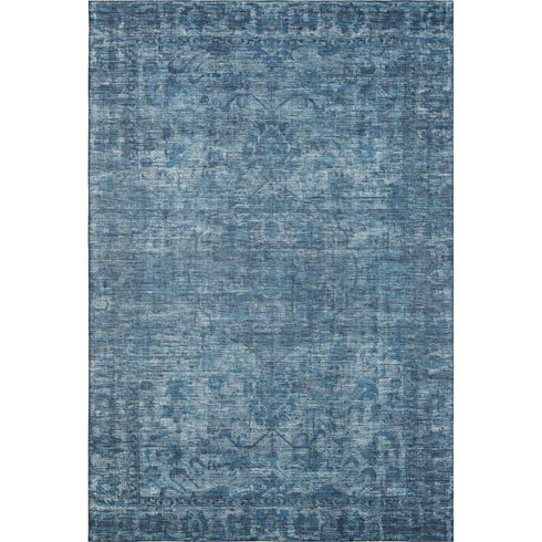 5' X 8' Blue And Navy Blue Oriental Washable Area Rug With UV Protection