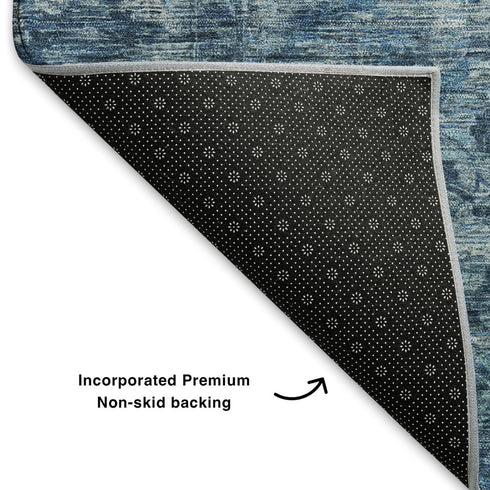 5' X 8' Blue And Navy Blue Oriental Washable Area Rug With UV Protection