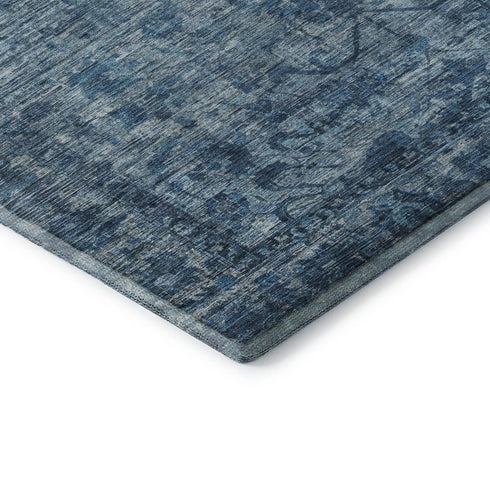 5' X 8' Blue And Navy Blue Oriental Washable Area Rug With UV Protection
