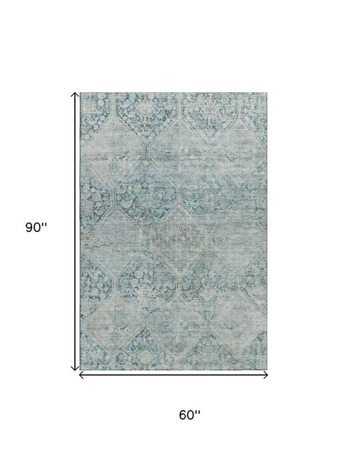 5' X 8' Blue Gray And Silver Geometric Washable Area Rug With UV Protection
