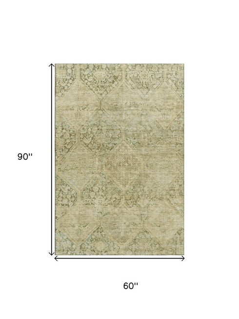5' X 8' Fern Green And Olive Green Geometric Washable Area Rug With UV Protection