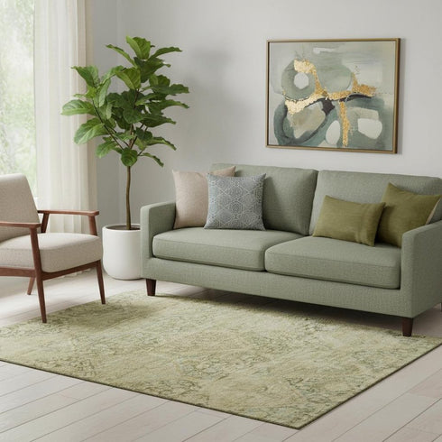 5' X 8' Fern Green And Olive Green Geometric Washable Area Rug With UV Protection