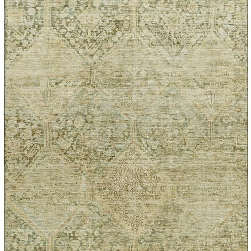 5' X 8' Fern Green And Olive Green Geometric Washable Area Rug With UV Protection