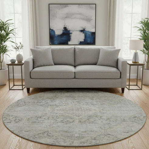8' Pewter Gray And Silver Geometric Washable Round Rug With UV Protection