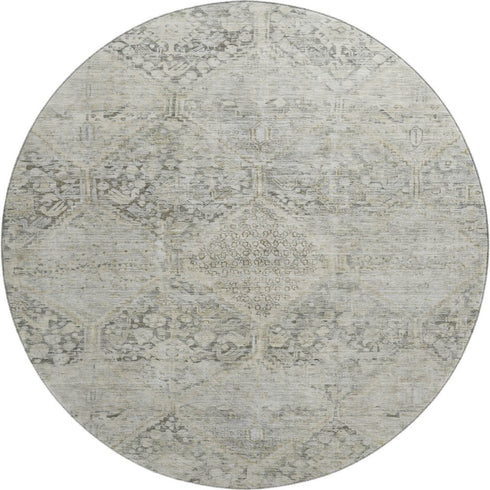 8' Pewter Gray And Silver Geometric Washable Round Rug With UV Protection