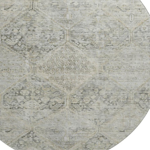 8' Pewter Gray And Silver Geometric Washable Round Rug With UV Protection