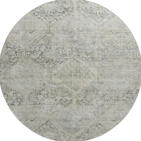 8' Pewter Gray And Silver Geometric Washable Round Rug With UV Protection