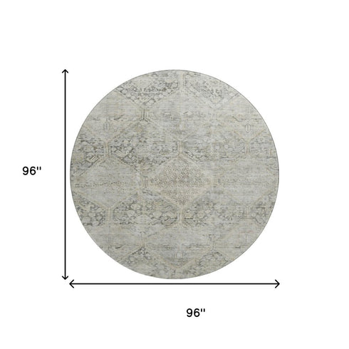 8' Pewter Gray And Silver Geometric Washable Round Rug With UV Protection