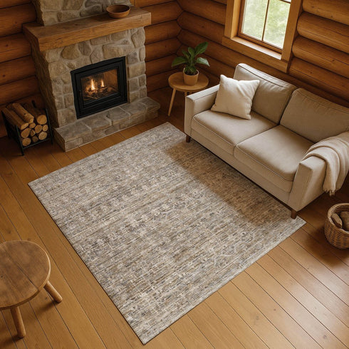 9' X 12' Brown And Beige Striped Washable Area Rug With UV Protection