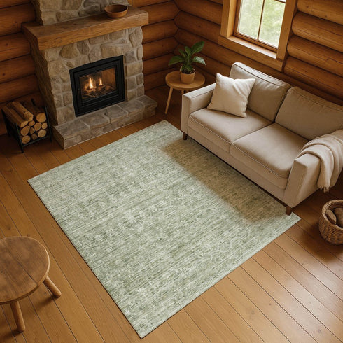 8' X 10' Sage And Beige Striped Washable Area Rug With UV Protection