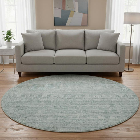 8' Turquoise And Ivory Striped Washable Round Rug With UV Protection