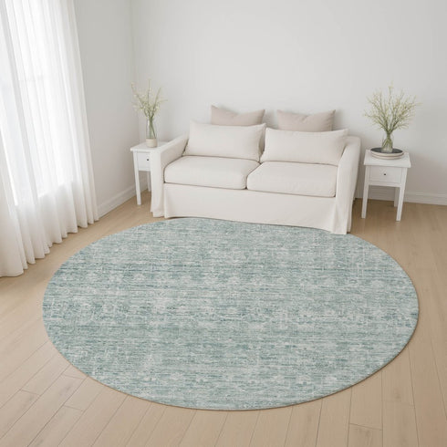 8' Turquoise And Ivory Striped Washable Round Rug With UV Protection