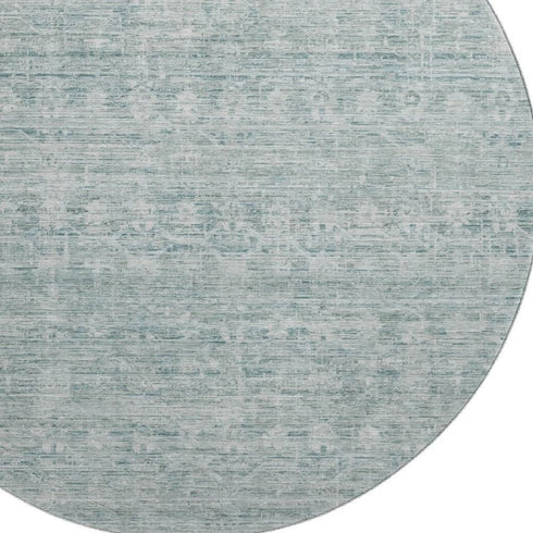8' Turquoise And Ivory Striped Washable Round Rug With UV Protection