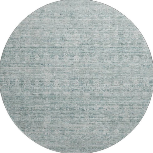8' Turquoise And Ivory Striped Washable Round Rug With UV Protection