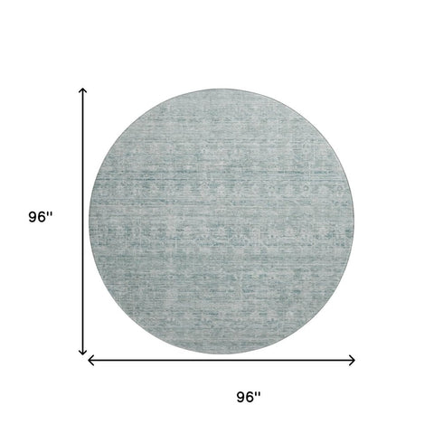 8' Turquoise And Ivory Striped Washable Round Rug With UV Protection
