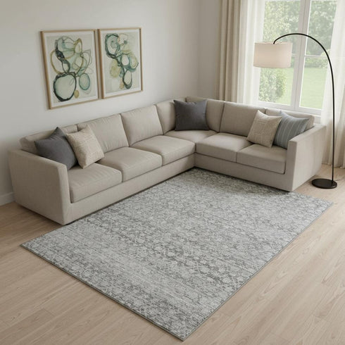 9' X 12' Gray And Silver Striped Washable Area Rug With UV Protection