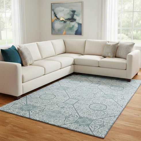 8' X 10' Aqua And Ivory Geometric Washable Area Rug With UV Protection