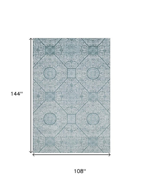 9' X 12' Aqua And Ivory Geometric Washable Area Rug With UV Protection