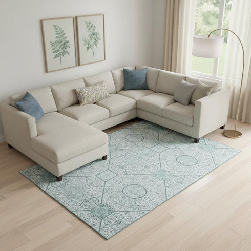 9' X 12' Aqua And Ivory Geometric Washable Area Rug With UV Protection